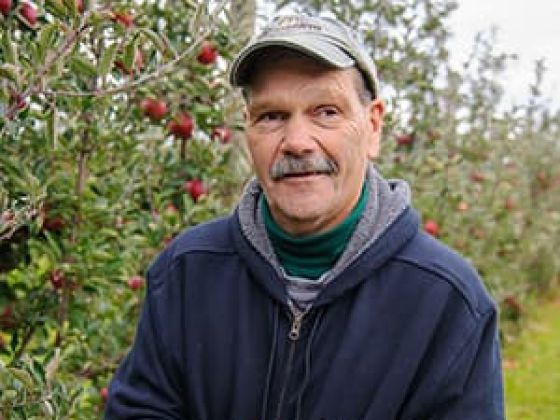 Apple farmer holding apples in field