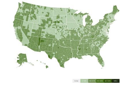 map of all the counties in the U.S. colored based on the food insecurity rate of each county.